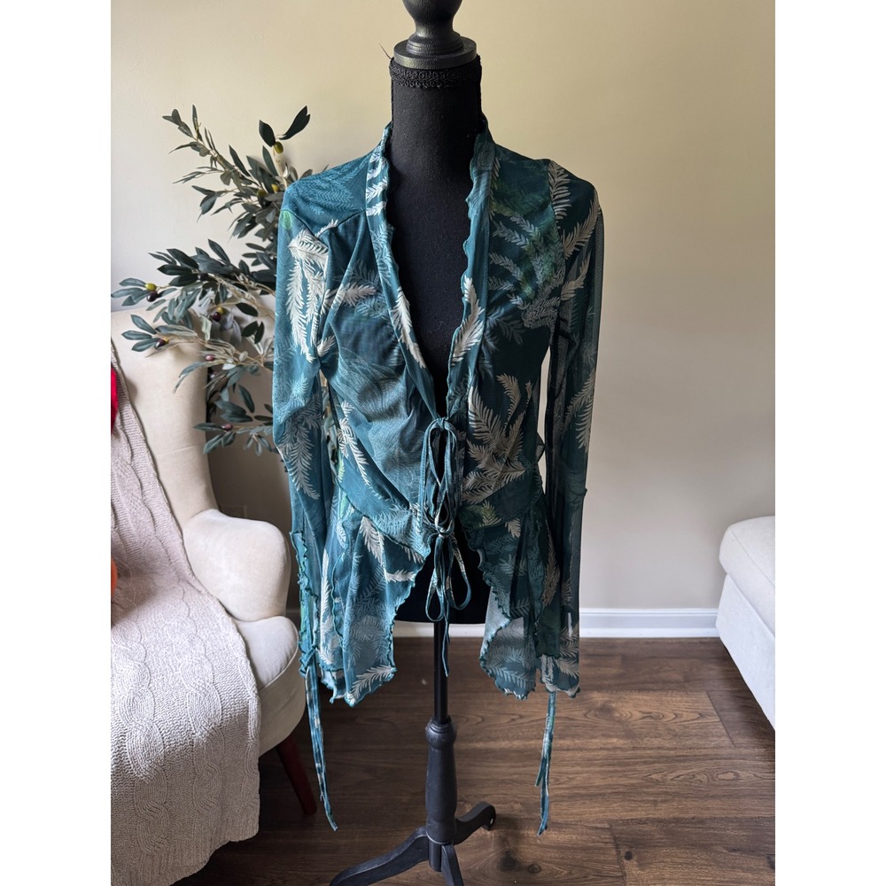 SHEIN Mesh Tie Front Cardigan Teal Tropical Palm Leaf Print Ruffle Top Medium